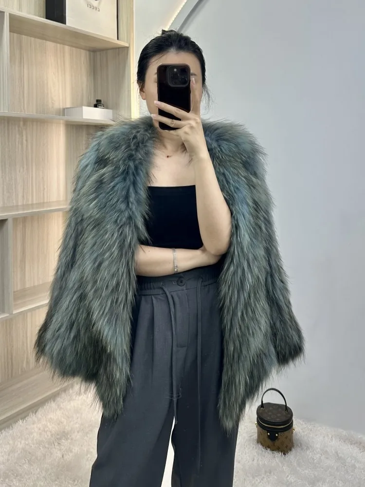 

Hot selling autumn and winter fashionable new style women's raccoon fur double-sided braided suit collar fur jacket