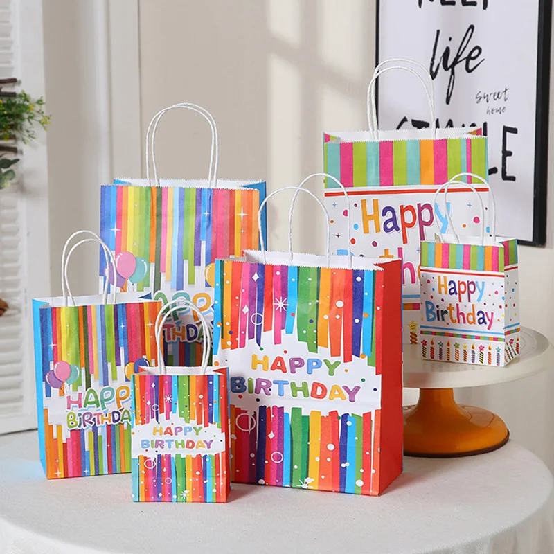 12Pcs Rainbow Cartoon Paper Gift Bag With Handle Kids Birthday Portable Favor Gift Packaging Tote Bag Baby Shower Party Supplies