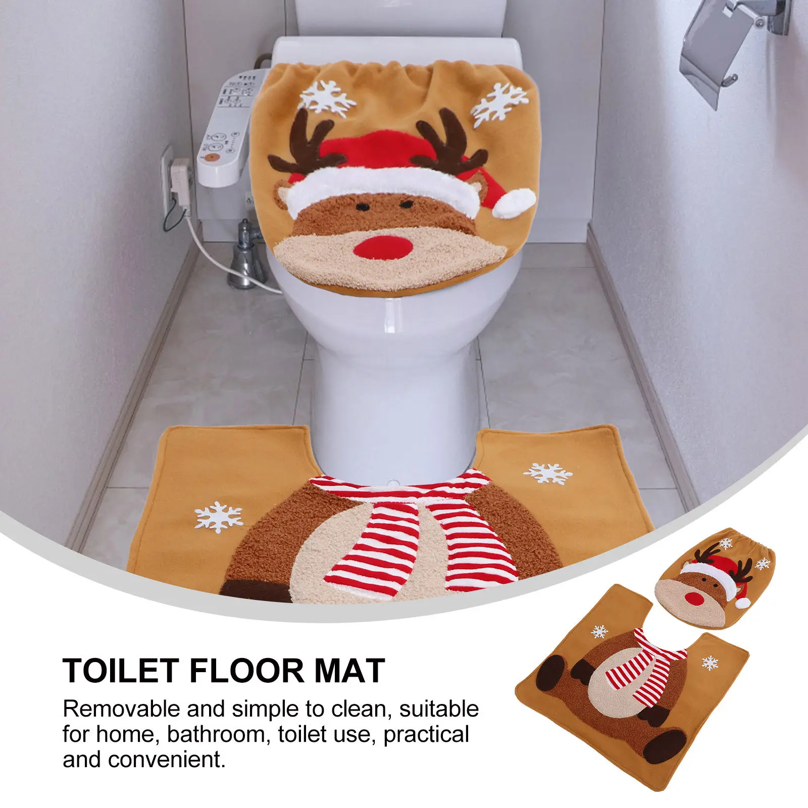 

Xmas Toilet Floor Mat Set Elk Design Christmas Decoration Polyester Material Sturdy Long Lasting Easy Clean Toilet Floor Mat