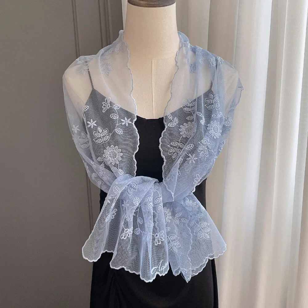 

Spring and Summer Thin Embroidered Flower Lace Streamer Silk Scarf Women's Flat-angle Decorative Temperament Elegant Shoulder
