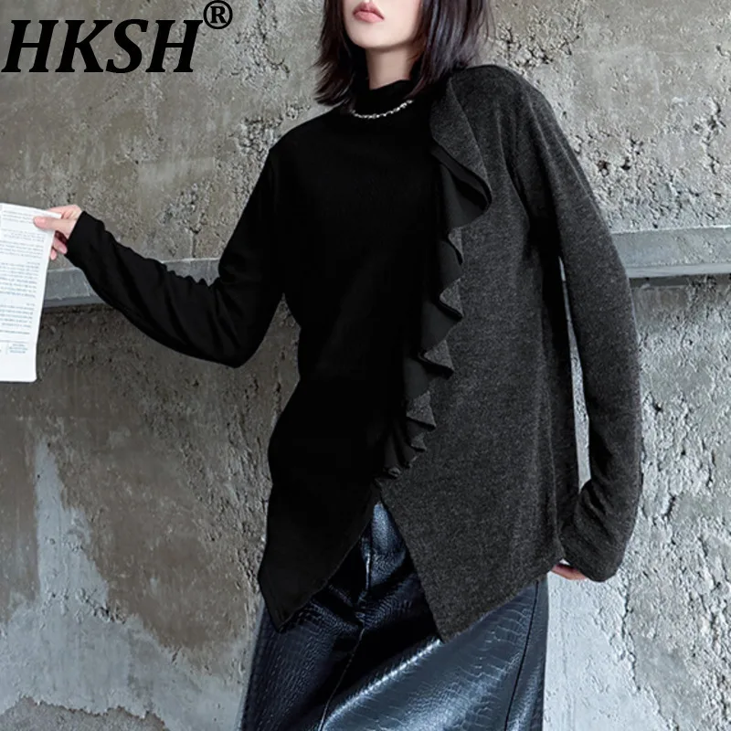 

HKSH весенне-осенние новые женские топы с рюшами, вязаные лоскутные топы с цветными блоками и длинными рукавами, универсальный тренд, шикарный повседневный HK14426