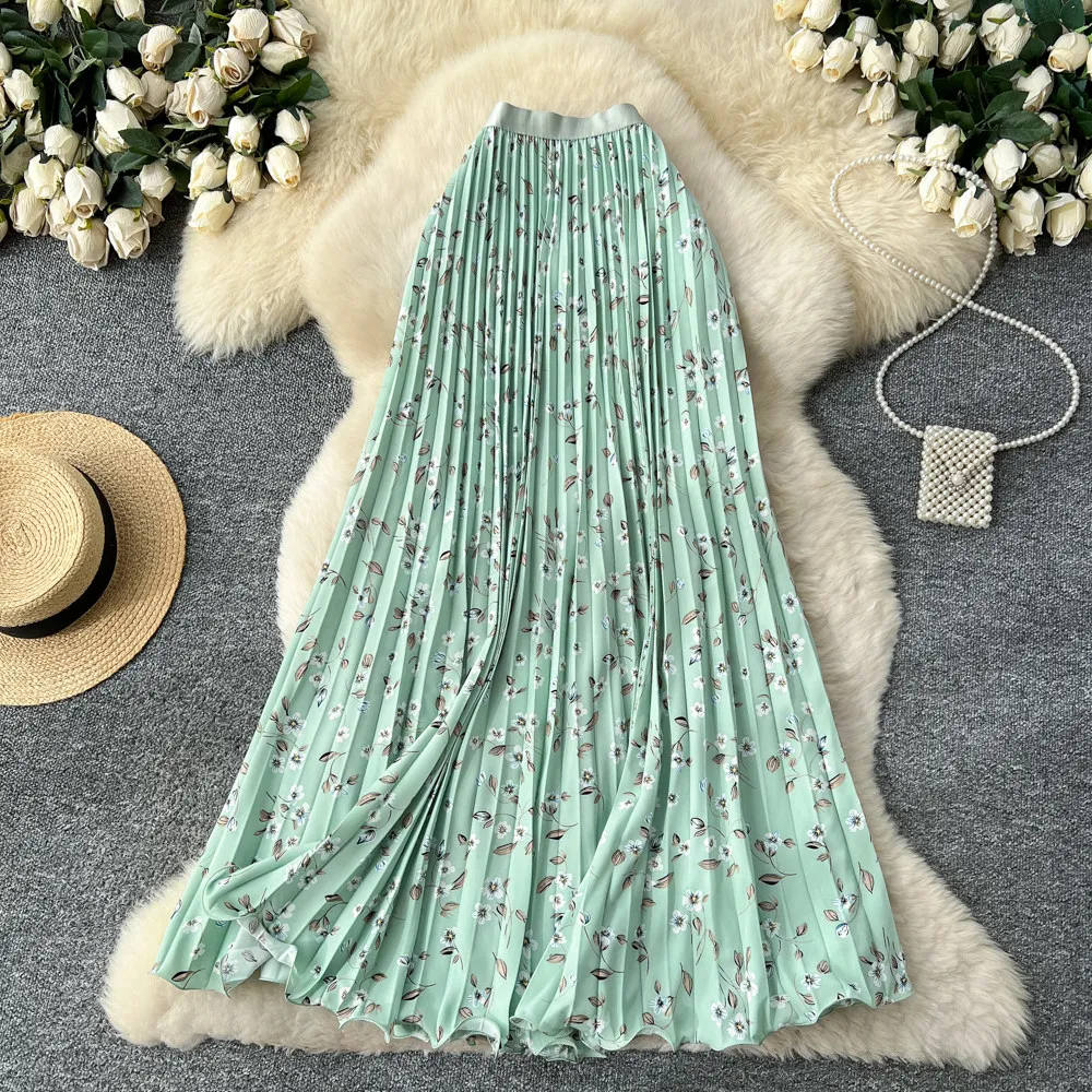 2026 New Summer Women Korean Style All-match Skirt High Waist Floral Print Medium Length A-line Pleated Skirt Office Lady