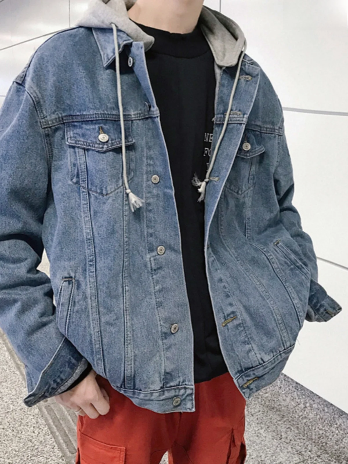 

Casual Loose Men's Denim Jaet Hip Hop Sle Student Faionable Polyester Fiber Hooded Coat Korean Version Harajuku Trend