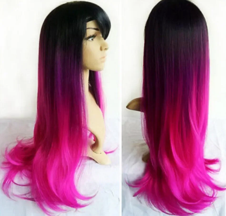 

Ladies Ombre Tone Black & Purple Hot Pink 27" Long Straight Hair Wig