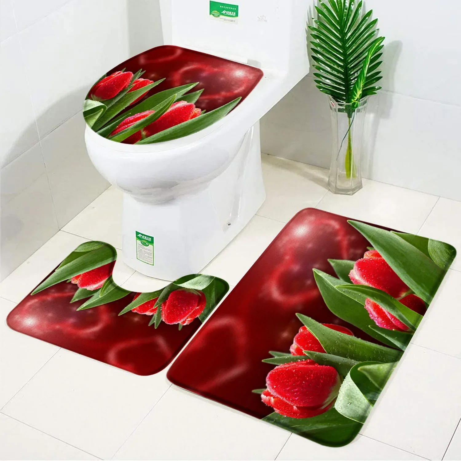 Red Rose Bath Mat Set Fresh Flowers with Dewdrops Non-slip Toilet Lid Foot Rug Floor Mat Carpet Anti Slip Bathroom Accessory Set