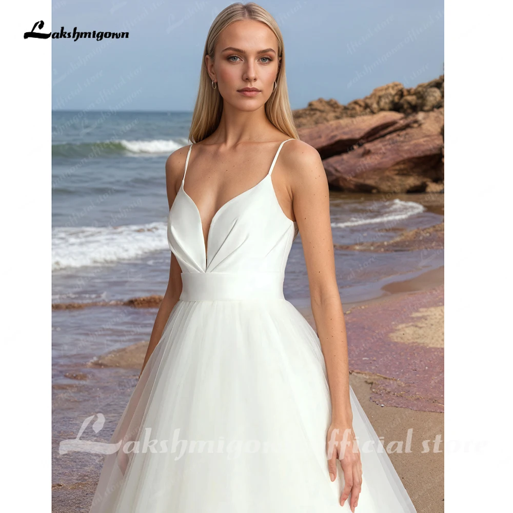 Lakshmigown Spaghettiträger V-Ausschnitt Satin Tüll Hochzeitskleid für Frauen A-Linie Einfaches Brautkleid Robe Mariage Maßanfertigung – Detail 7