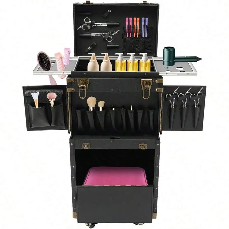 

Rolling Hairdressing Case With 4 Wheels Portable Makeup Trolley Organizer Storage Cosmetic Case Black