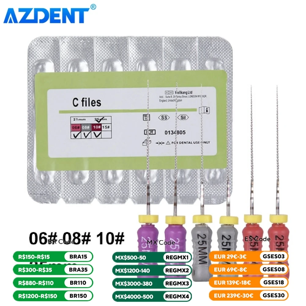 Dental Hand Use C Files Endo Root Canal AZDENT 25mm # 6 # 8 # 10 pilników endodontycznych ze stali nierdzewnej Instrument dentystyczny 6 sztuk/paczka