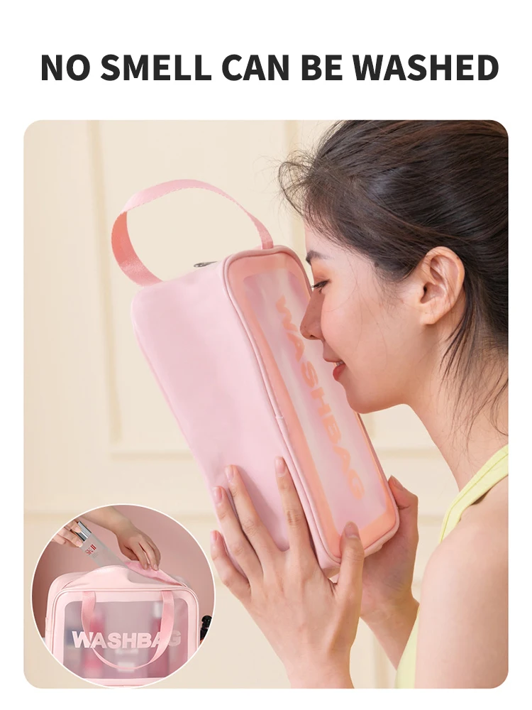 1 Stück PU Transparente Dreiteilige Kosmetik- und Toilettenartikel-Tasche, Große Kapazität PVC Halbtransparente Mattierte Tragbare Aufbewahrungstasche – Detail 2