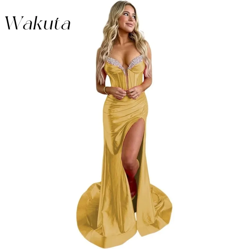 Wakuta Sparkly Sequin Memaid Beaded Satin Prom Dress Spaghetti Straps Slit Formal Gown V Neck Ruched Evening Vestidos De Fiesta