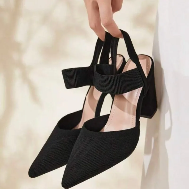 

Pointed Toe Shallow Mouth Block Heel Sandals Summer New Anti-Slip Wear-Resistant Slip-On Heels