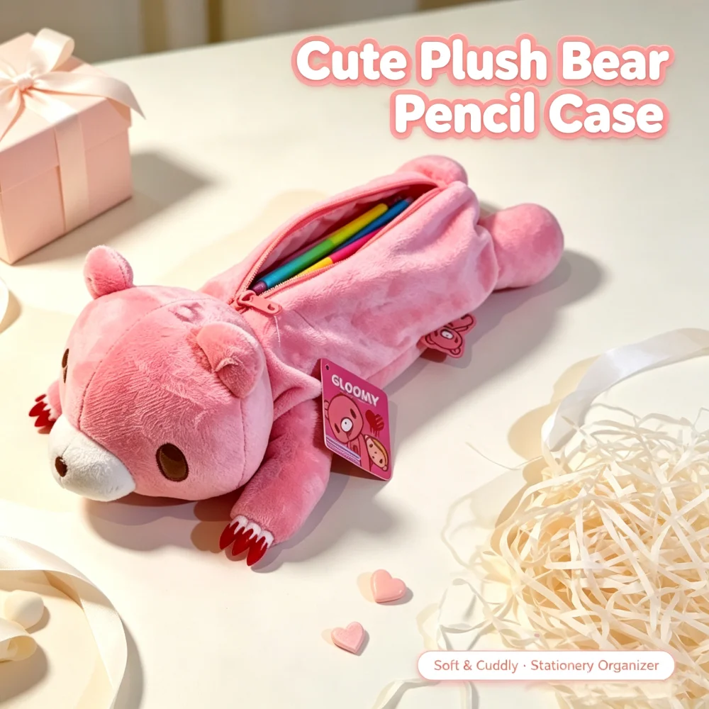 Bloody Bear Pencil Case Pink Bear Makeup Bag Cute Stationery Pouch Kawaii School Supply Christmas Gift