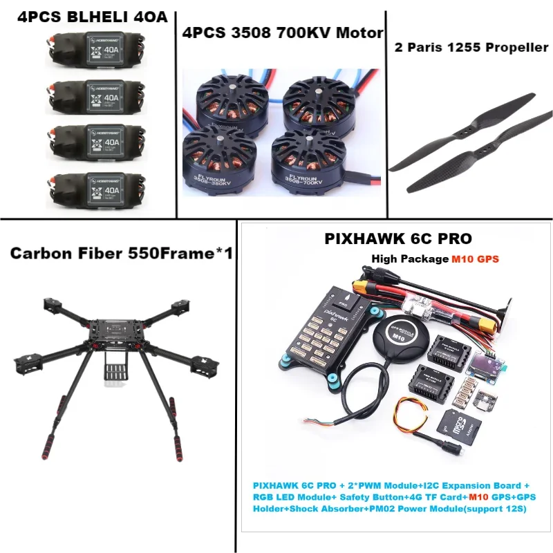 F550 Hexa Frame PIXHAWK 6C PRO M8N/M9N/M10 Flight Control Carbon Ardupilot Radio Telemetry Quadcopter 40A ESC 3508 700KV Motor