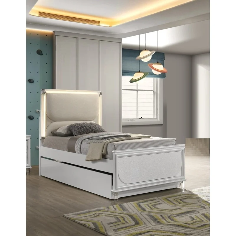 

Contemporary Glam Pearl White Full Size Bed Frame with LED Embossed Panel, Trundle Not Included