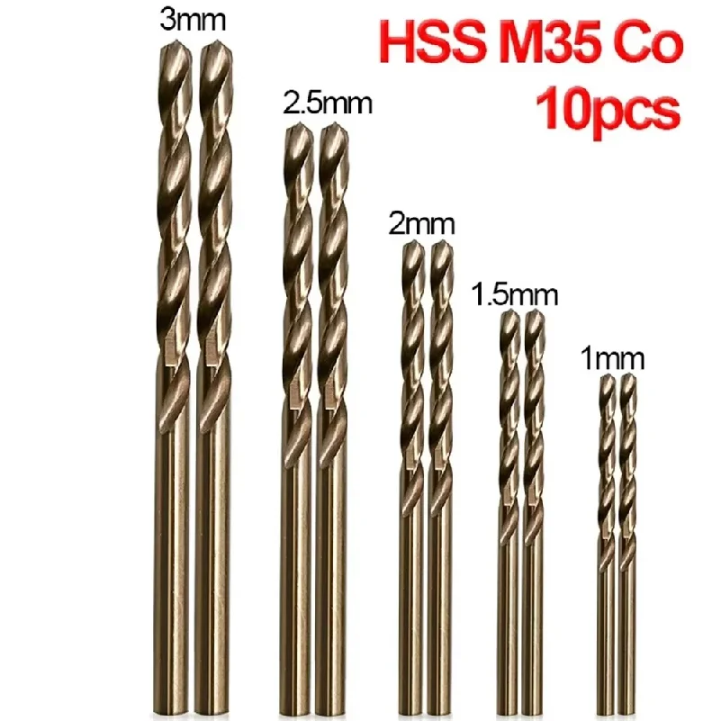 10pcs/set HSS M35 Cobalt Drill Bits 1-3mm for Metal/Stainless Steel - High-Speed Steel Cobalt Coated Drill Bits with Enhanced