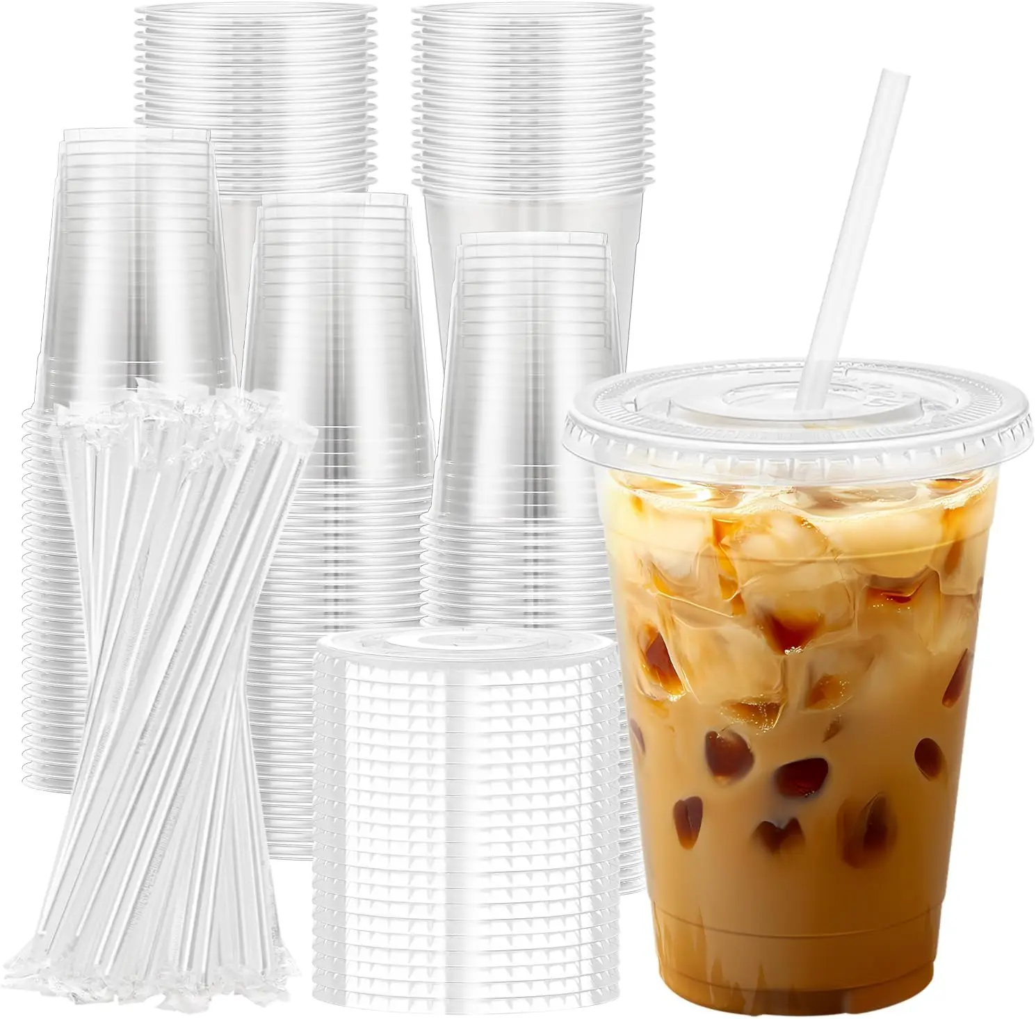 

100 Pack 16 oz Clear Plastic Cups with Lids and Straws, Disposable Plastic Coffee Cups with Lids for Iced Coffee, Cold B
