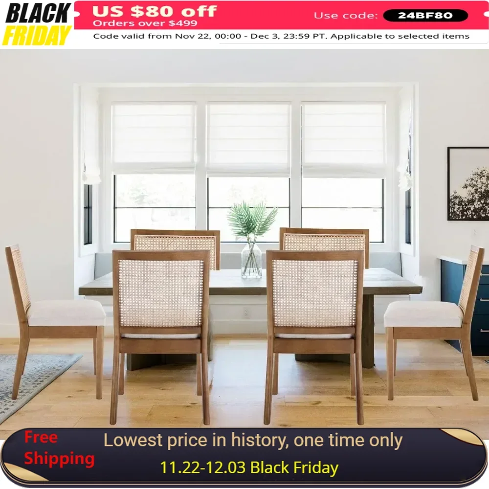 

Dining Chair Set of 6 with Natural Hardwood Frame, Cane Upholstered Side Chairs, Mid Century Modern Rattan Dining Chair