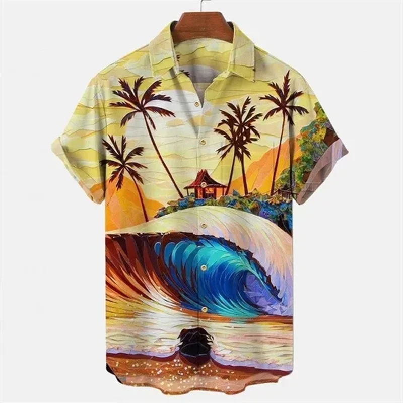 Coconut Tree Waves Pattern Hawalian Shirt Men Sunset 3D Printed Aloha Shirts Casual Short Sleeve Vacation Beachwear Lapel Blouse