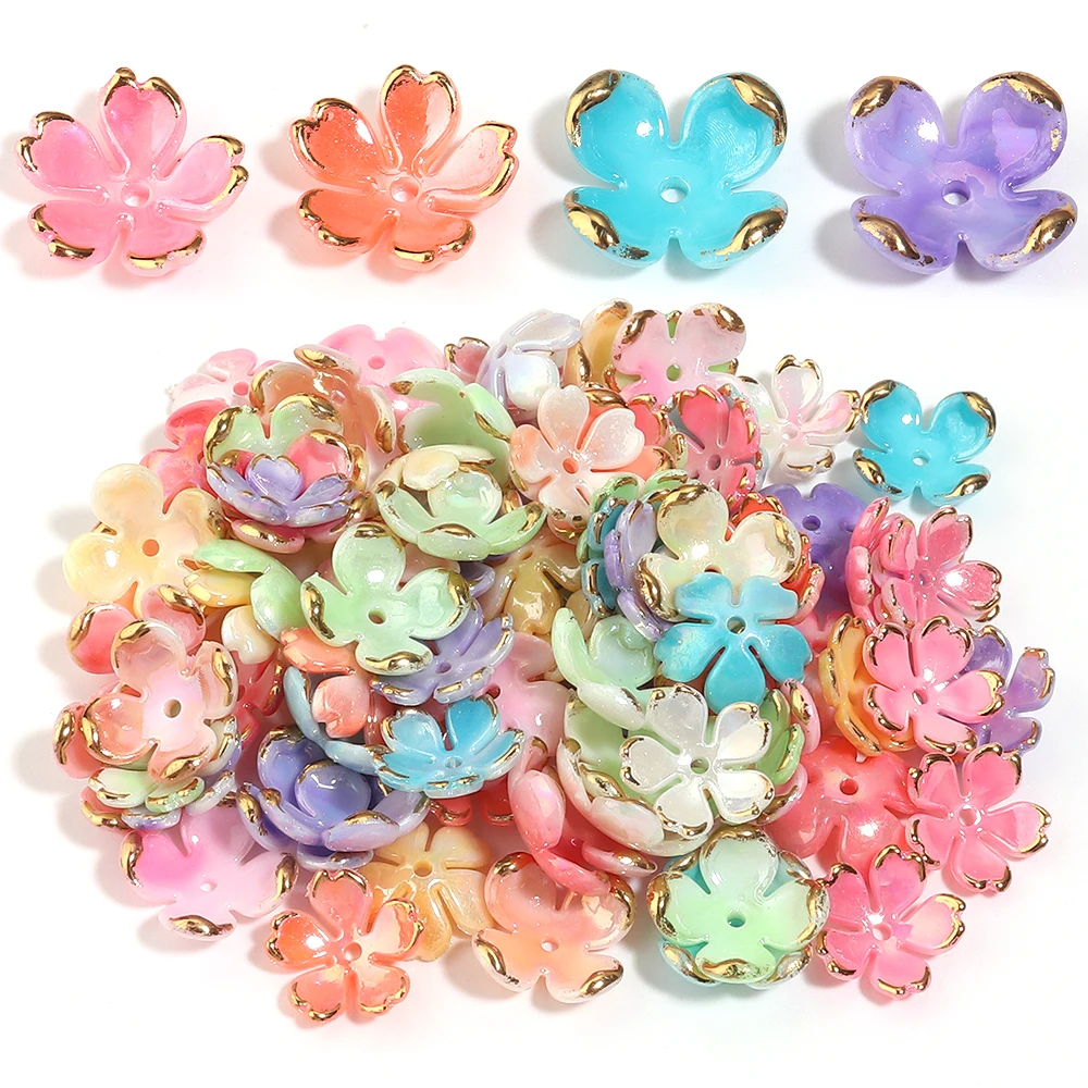 100pcs/lot Gradient Flower Petal Acrylic Bead Cap Gold Trim Floral Loose Spacer Beads For DIY Bracelet Necklace Jewelry Making