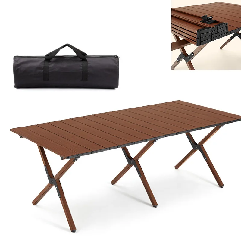 

Outdoor Camping Wood Grain Egg Roll Folding Picnic Desk Ultralight Portable Beach Table Tourist Plate Tables