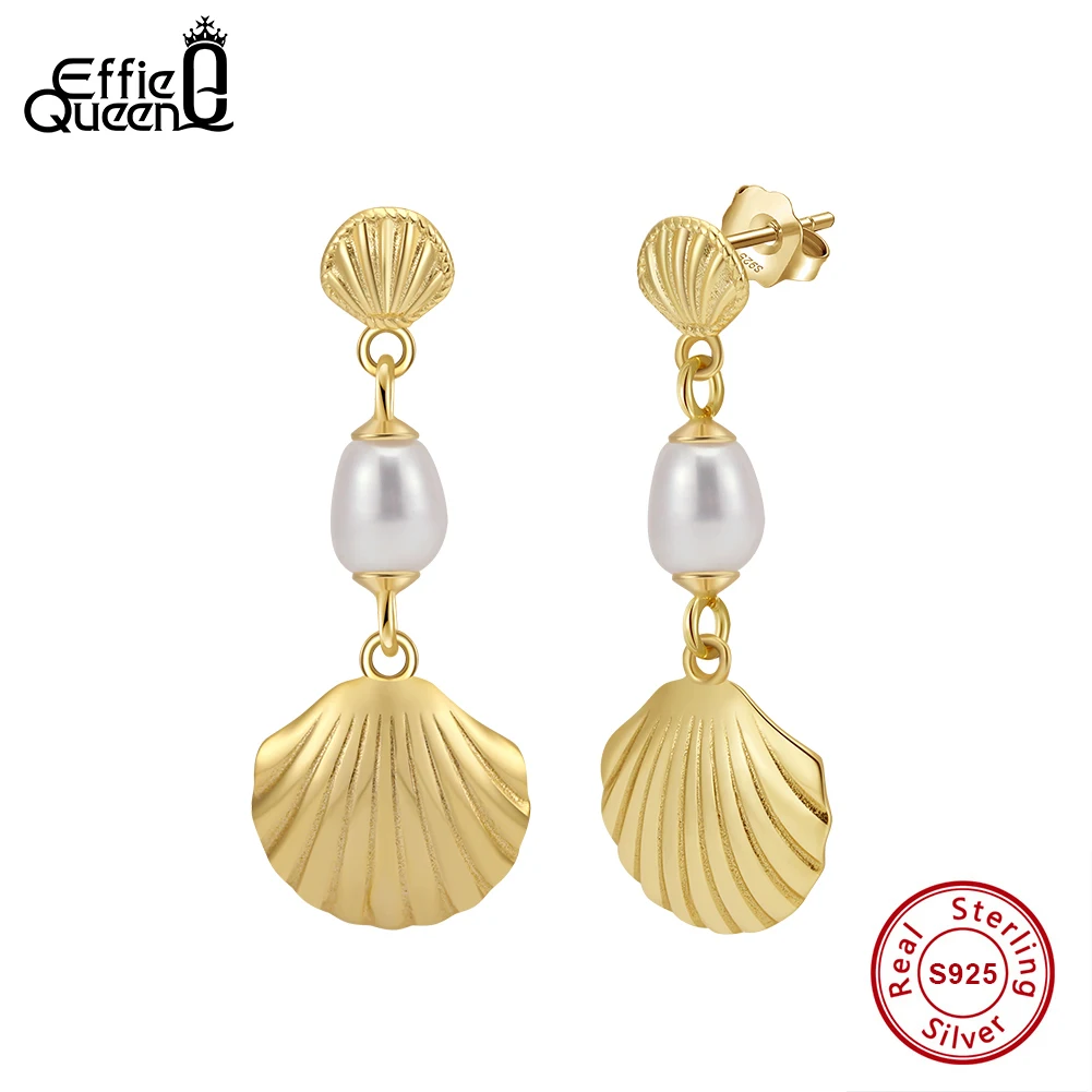 Effie Queen 925 Pure Silver 14k Gold Shell & Pearl Drop Earrings Natural Jewelry for Women Summer Beach Ear Accessories GPE114