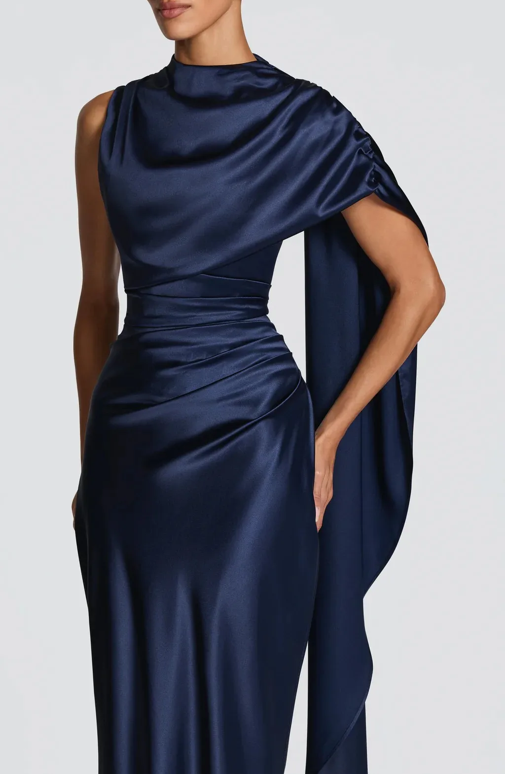 Women High Neck Satin Mermaid Evening Dress Cape Sleeve Draped Ruched Corset Lace‑Up Back Long Formal Bridesmaid Gown view 6