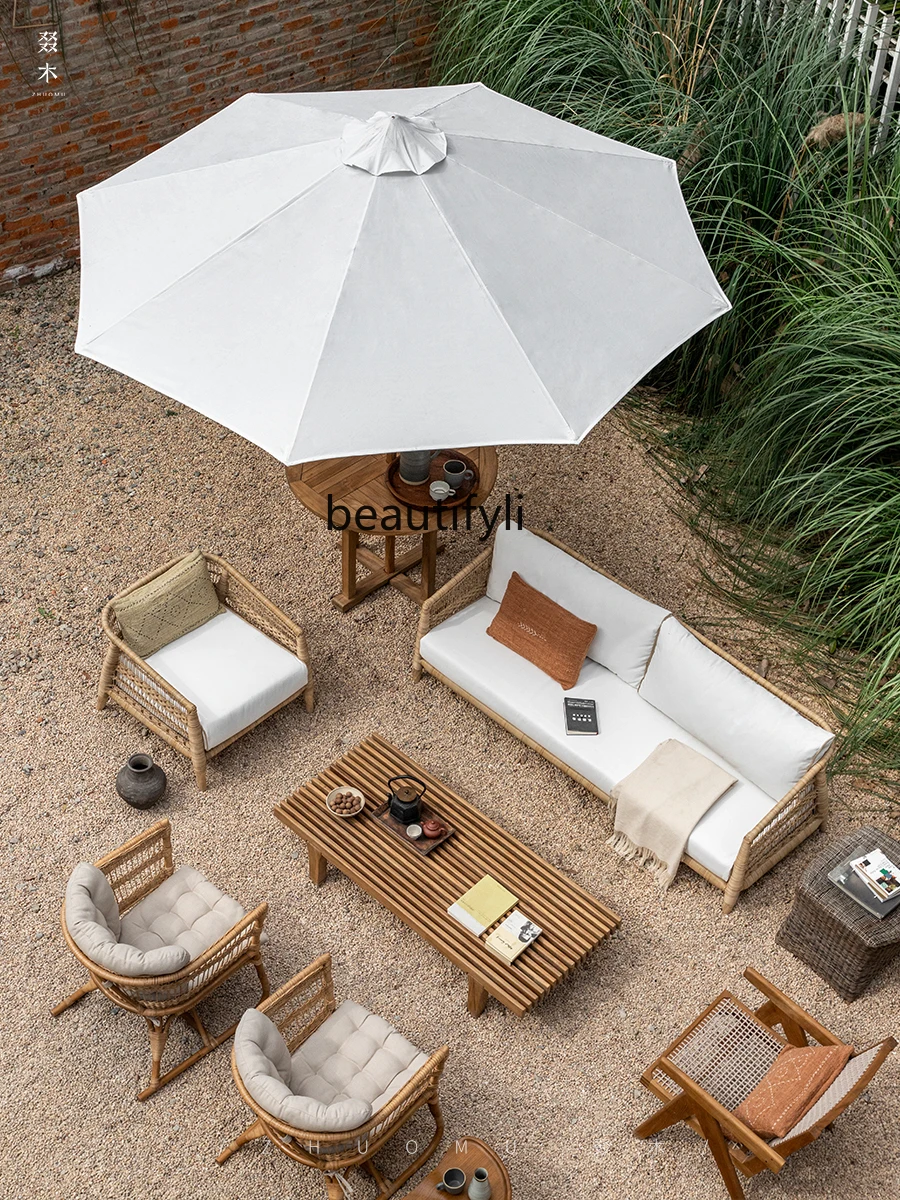 

Southeast Asian Style Outdoor Courtyard B & B Teak Rattan Leisure Sofa and Tea Table Combination Outdoor Furniture