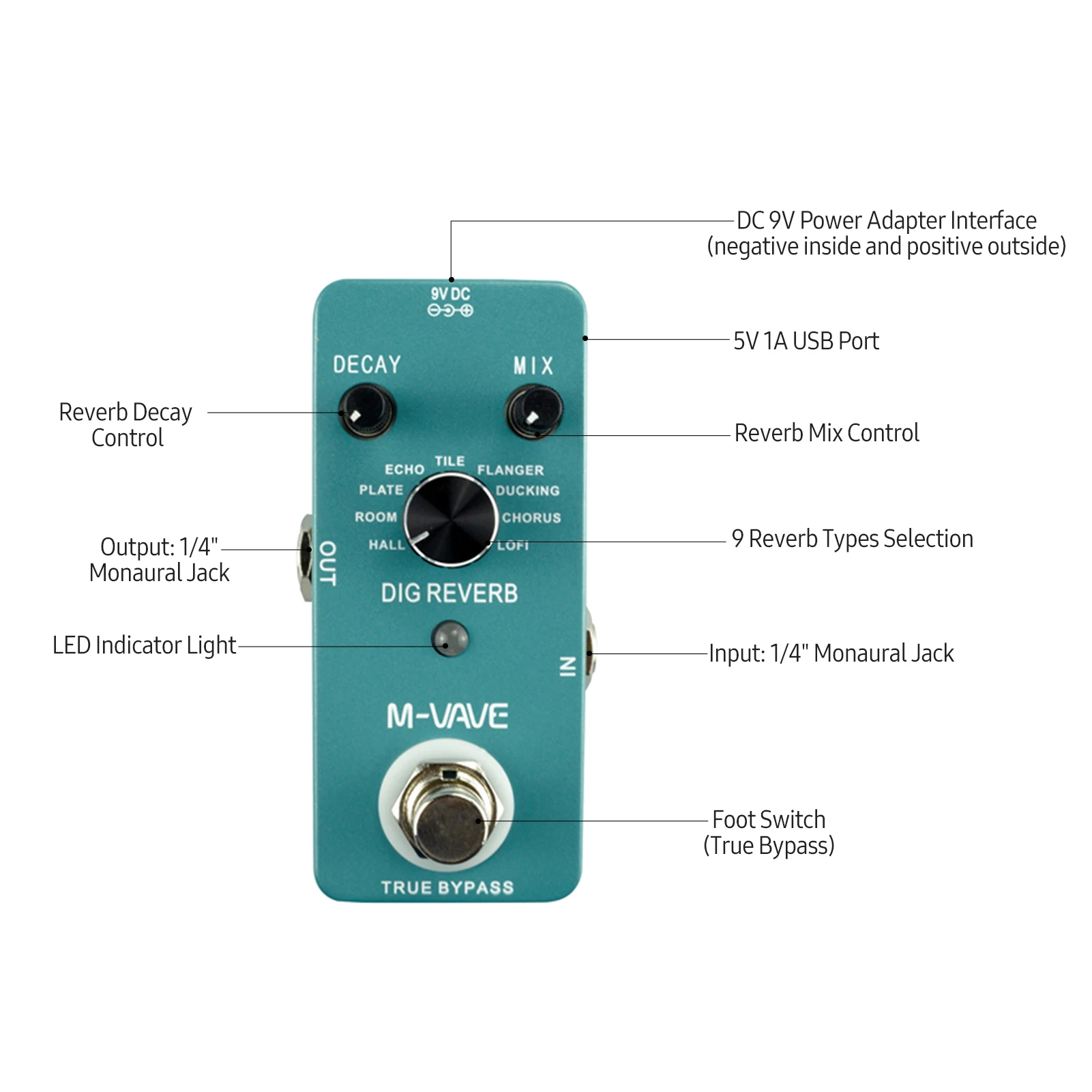 M-VAVE Dig Reverb Digital Reverb Gitarren effekt pedal 9 Reverb-Typen Decay & Mix Control True Bypass Full Metal Shell