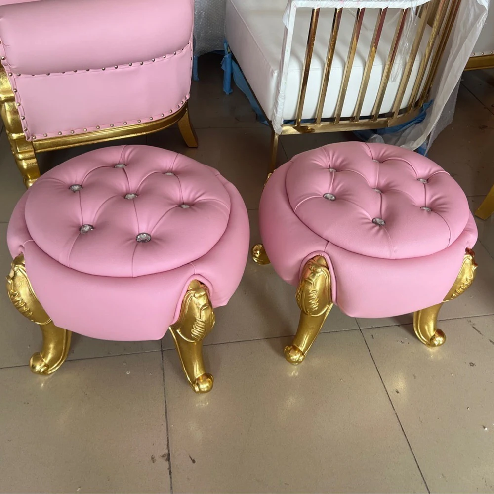 

Modern Style Living Room Colorful Pink Ottoman Stool With Gold Wooden Base Finished