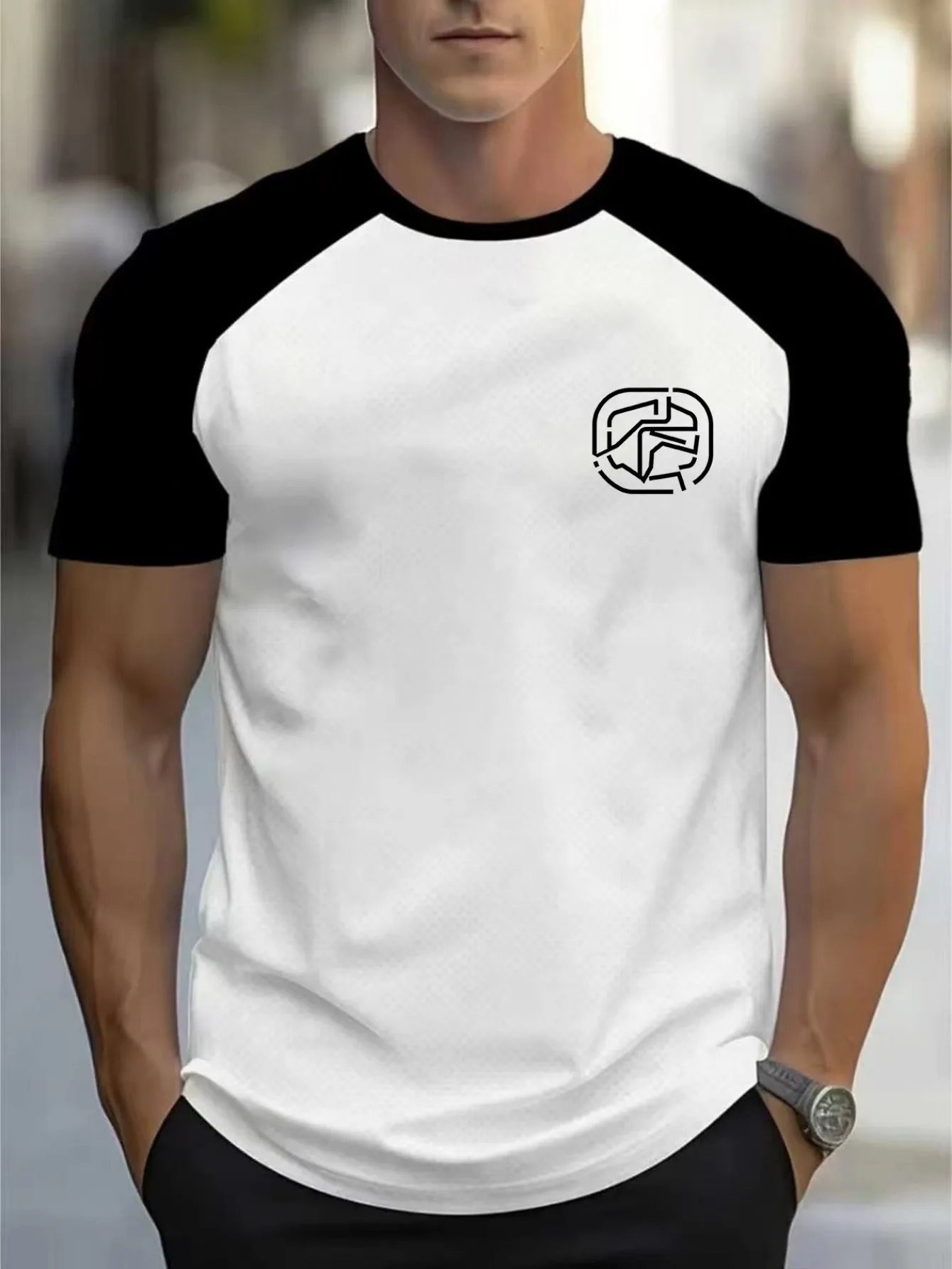 Cross-Border European and American Style Black and White Patchwork Round Neck Raglan Sleeve Short-Sleeve T-Shirt, Slimming Elastic Top