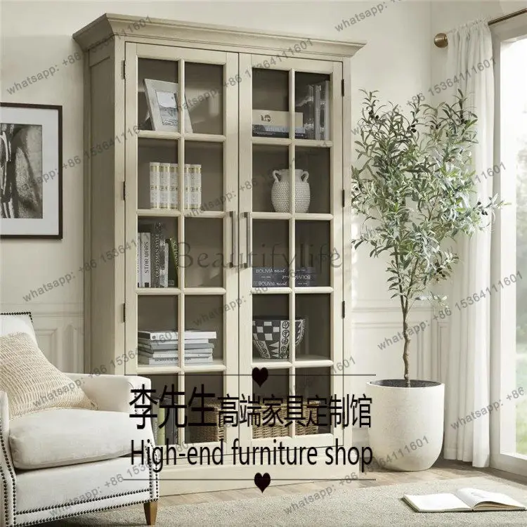

American rural solid wood bookcase French retro old glass door wine cabinet