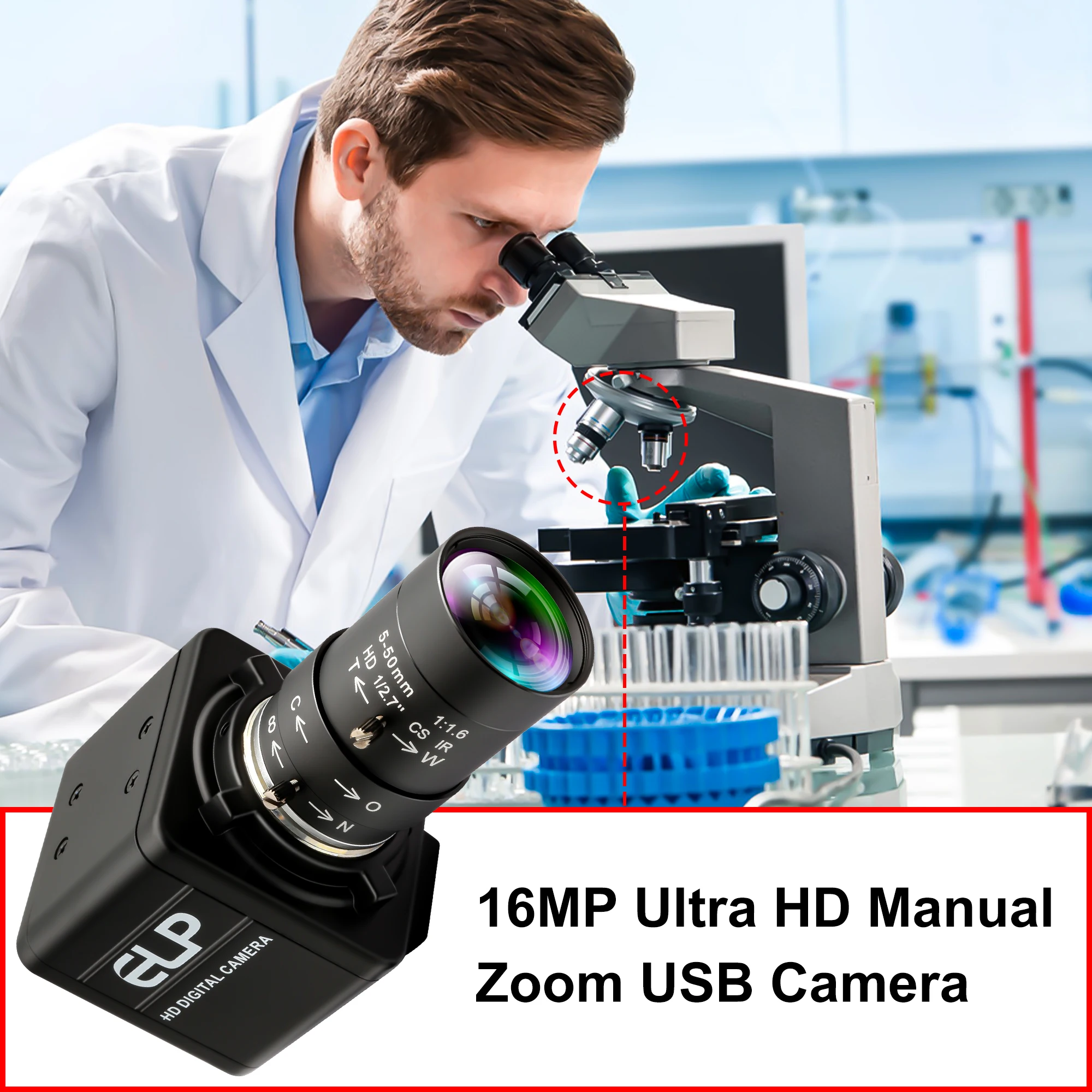 ELP 16MP Zoom USB Camera 10X Zoom Camera Mini USB Webcam Video Scanning with 5-50mm CS Mount Lens UVC for PC Windows Mac