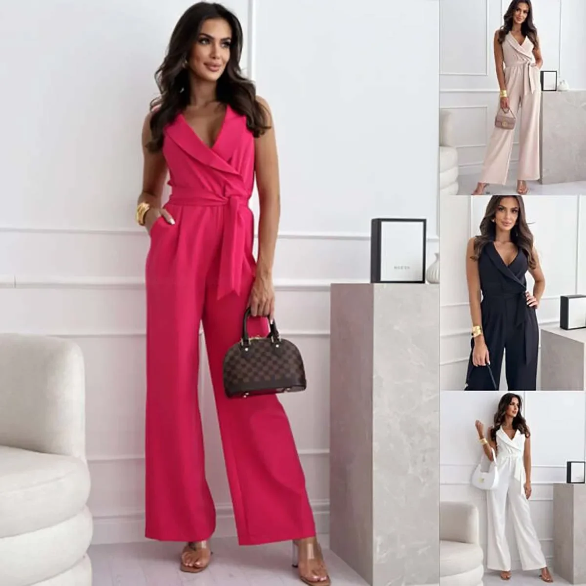 

2025 solid color new high waisted commuting Fashionable and versatile zip tie jumpsuit with design sense and comfortable pants