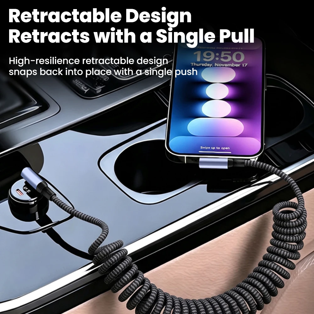 66W/100W Car Spring Data Cable Retractable Elbow USB/Type C To Type C Fast Charging Cable for iphone 15 16 17 Samsung USB C Cord
