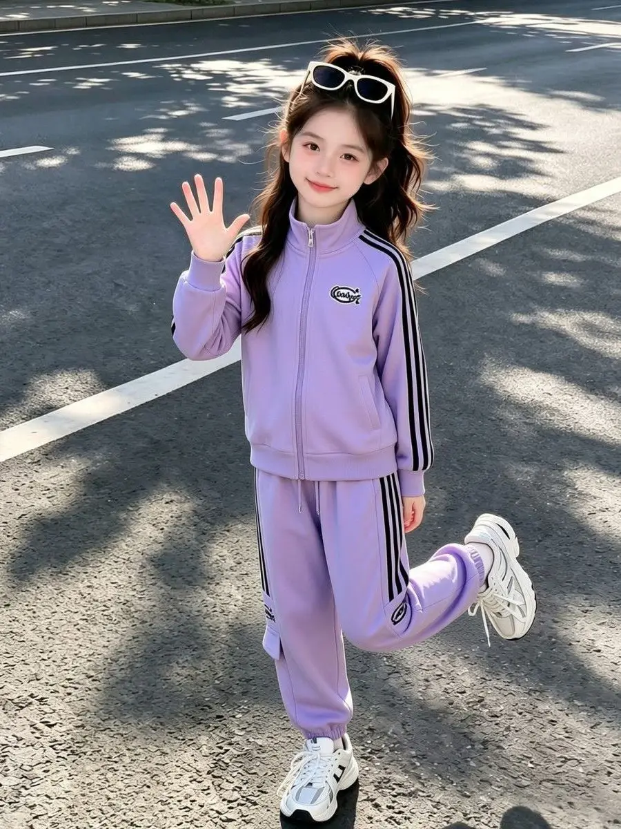 Girls' Autumn Sporty Zipper Jacket And Pants Striped Set Trendy Two-Piece Suite for Ages 17 And below Pure E-Commerce Item