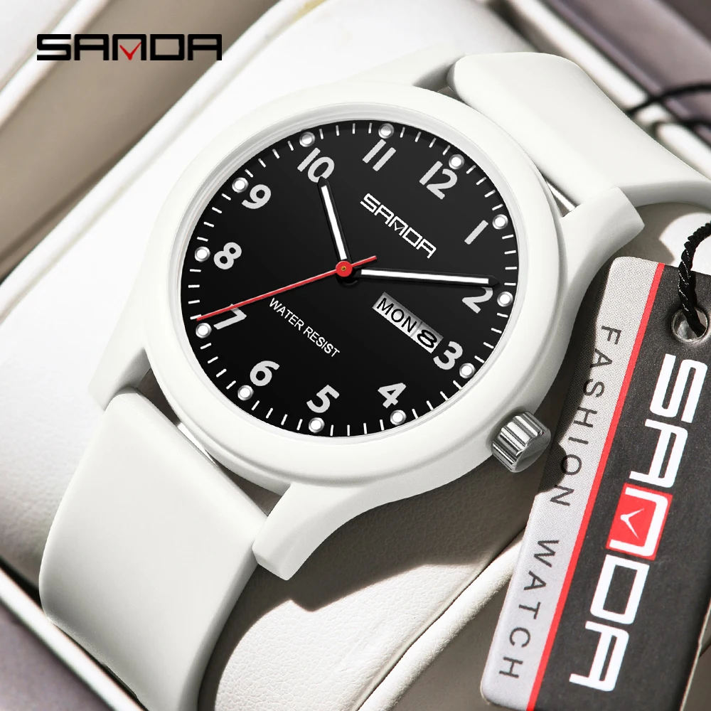 SANDA 3263 Fashion Casual Men Watch Silicone Strap Waterproof Luminous Clock Unisex Wristwatch Date Week Sport Man Watches