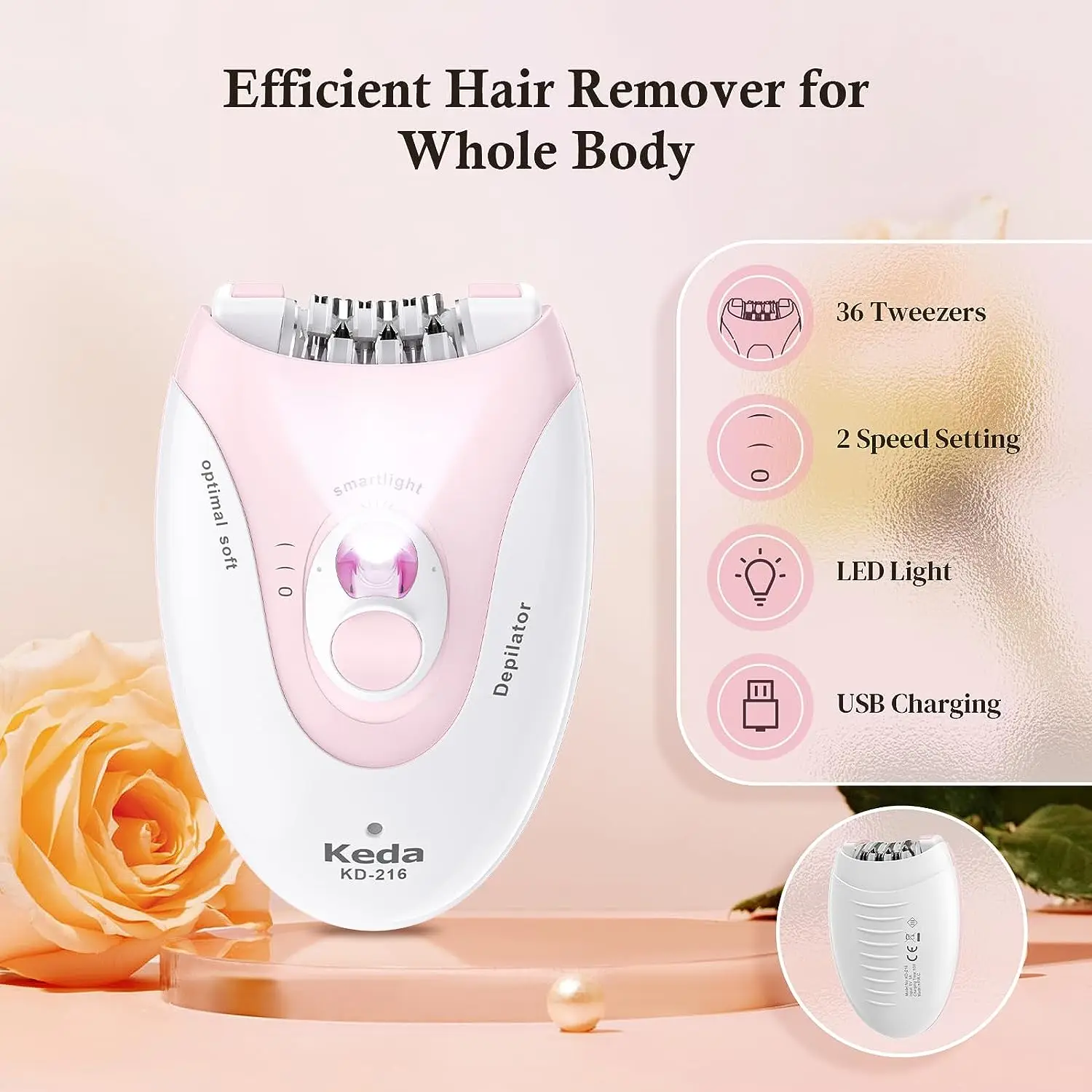 Keda Portable USB Rechargeable Ladies Electric Hair Removal Device with Light Smart Hairless Shaver Portable Depilador