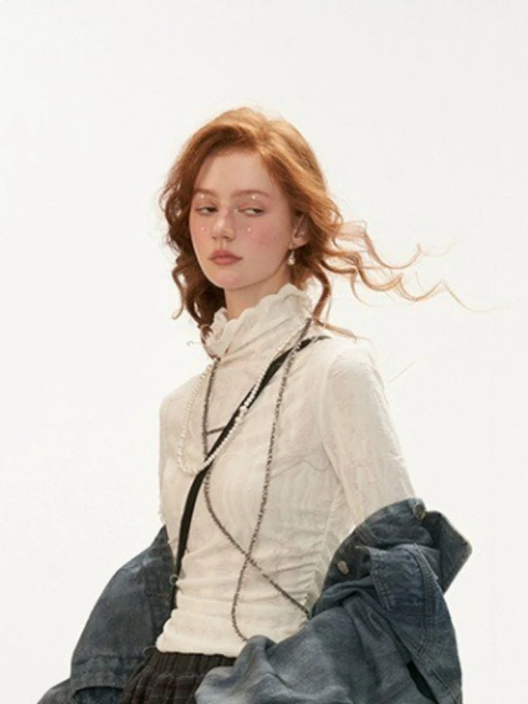 American Retro Harajuku Turtleneck Pullover Women Long Sleeve Slim Tops Streetwear Y2k Vintage Tshirts 2000s Japanese Basic Tops