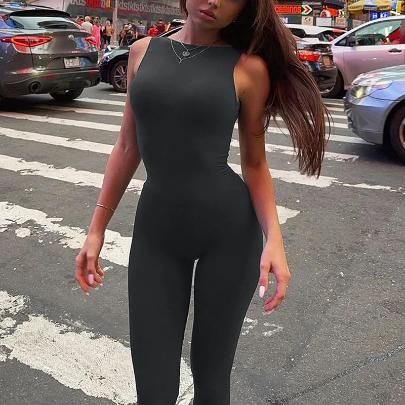 

Sports Fitness Yoga Bodysuit Comfortable Casual Romper Sexy Big Backless Round Neck Sleeveless Pleated Trim Bodysuit