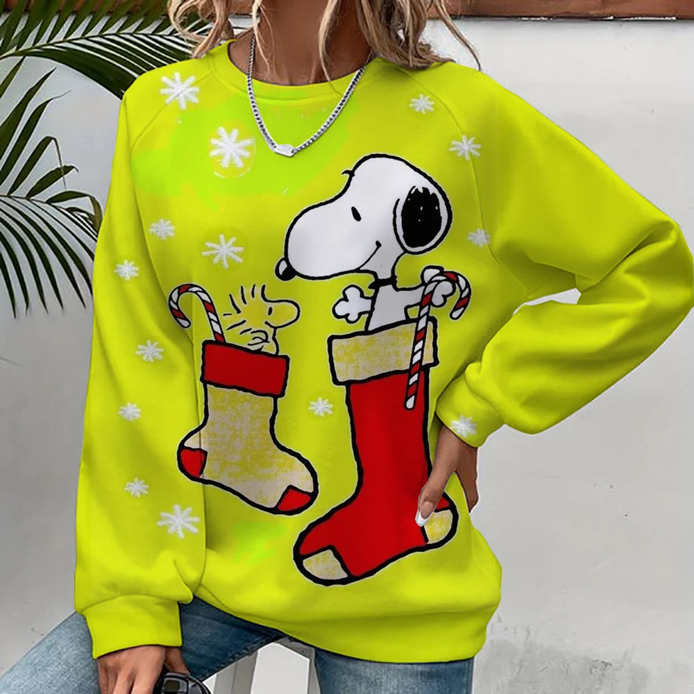 2024 autumn/winter new 3D printed women\'s Snoopy cartoon Christmas round neck pullover for women\'s street parties