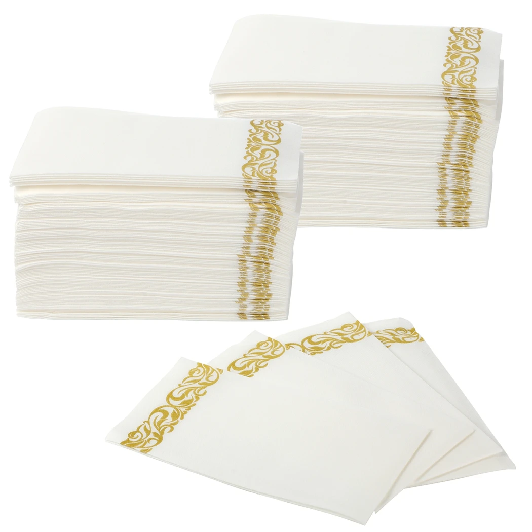 100Pcs/Set Disposable Hand Towels Decoration Golden Bathroom Paper Napkins Linen-Feel Guest Towels Soft Absorbent Hand Towel