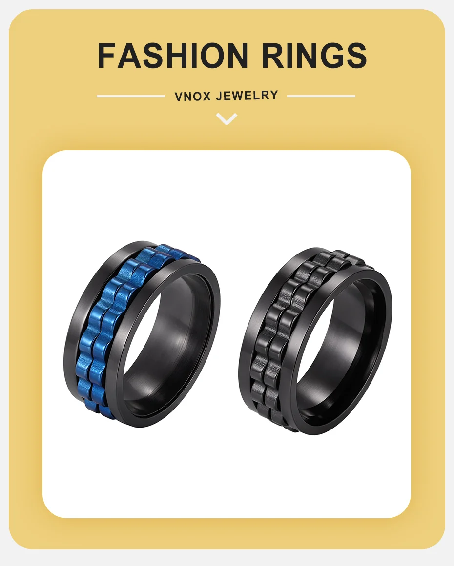 Vnox 8mm Drehbarer Schwarz/Blauer Zahnrad-Fidget-Ring für Männer und Jungen, Edelstahl Anti-Stress Angst-Spinner-Ring, Punk-Schmuck Geschenk – Detail 2