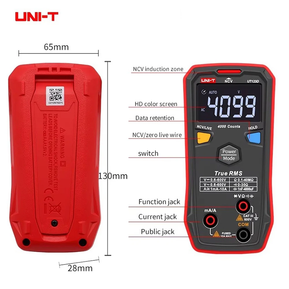 UT123D Digital Multimeter True NCV Voltage Tester 4099 Counts LCD Display AC DC Current Resistance Capacitance Temperature M