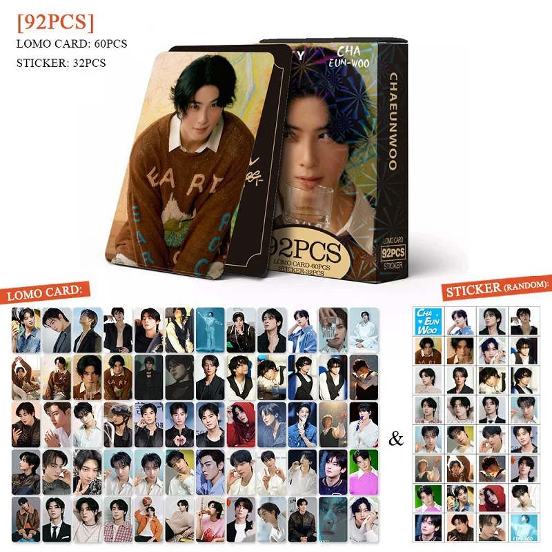 

92Pcs/Set Cha EunWoo Laser Lomo Card Korean Idol Holographic Photo Cards with Stickers