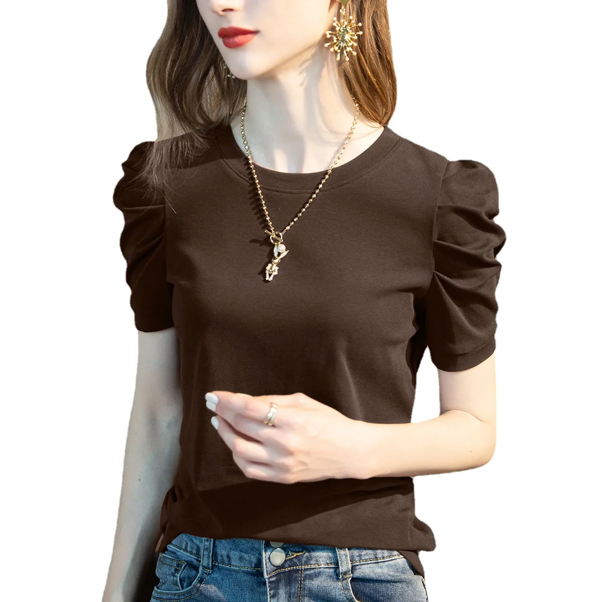 MadBlack European Clothes Tshirt Women O Neck Ruched Slim Cotton Tops Short Puff Sleeve Elastic Tee Spring Summer 2024 T41651JM