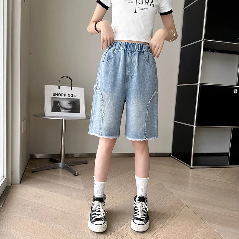 Summer Teenagers Girls Blue Shorts Kids Thin Clothes Loose Denim Quarter Pants Korean Children Casual Short Jeans 4 6 8 10 12 14