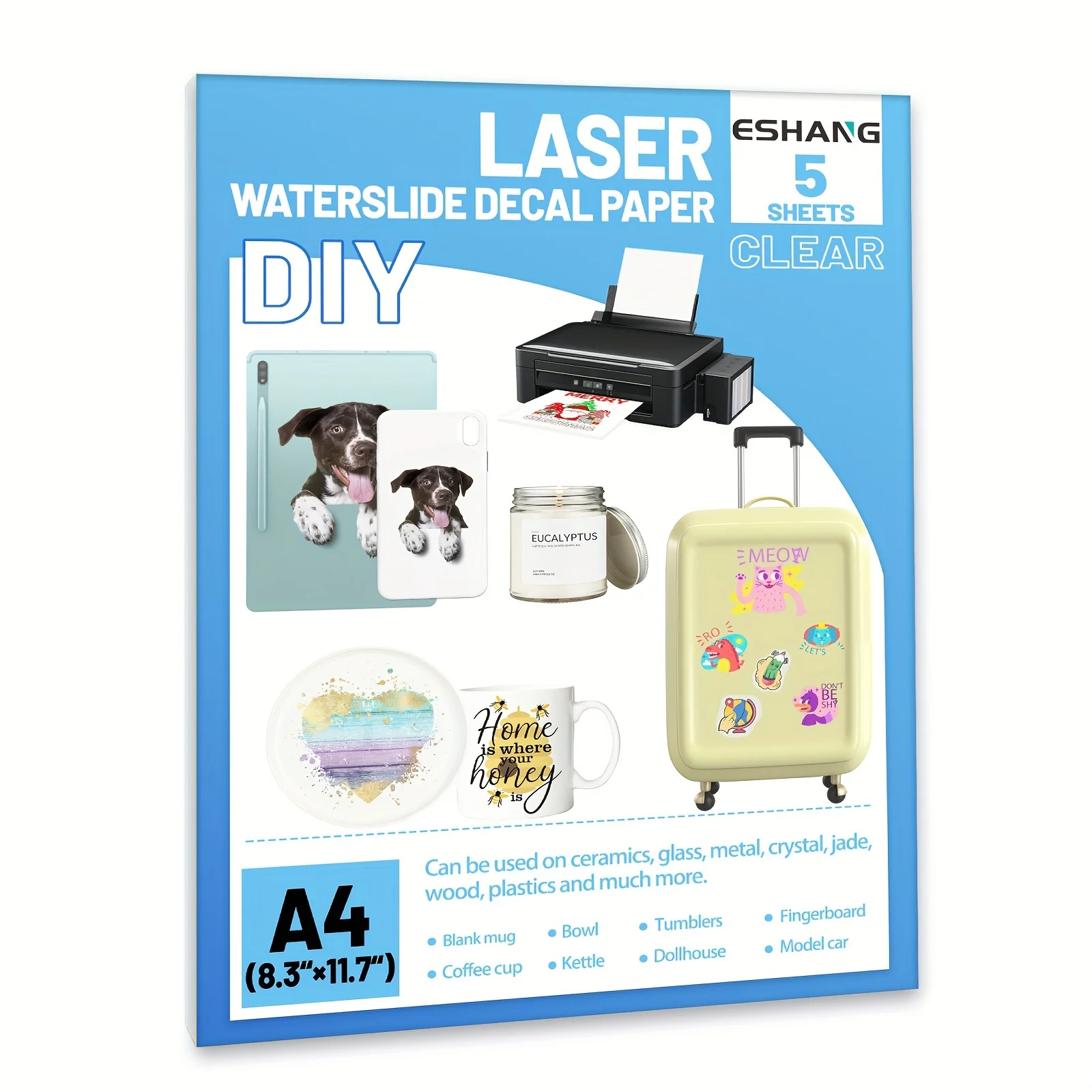 5 Sheets A4 Clear Waterslide Decal Paper, Premium Water-Slide Transfer Transparent, Inkjet/Laser Printer Printed, 8.3×11.7in