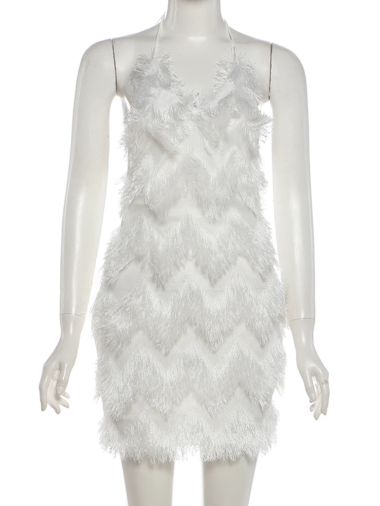 Weird Puss Furry Tassel Mini-Kleid für Damen, mit Schnürung, Neckholder, rückenfrei, figurbetont, Pfirsichfarben, für Mitternachtsclub-Partys, sexy, modisch, Bodycon – Detail 3