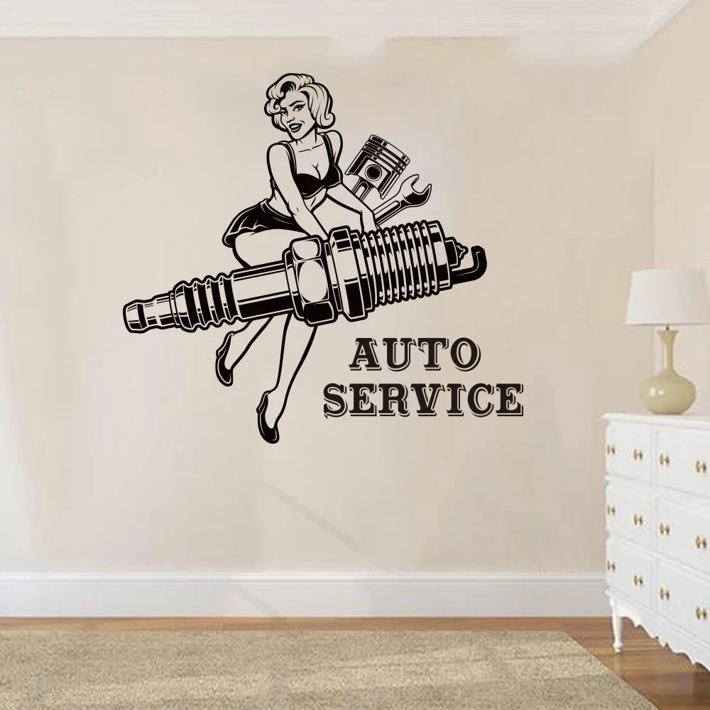 Garage Car Repair Piston Wrench Wall Decal Sexy Girl Auto Service Car Repair Wall Sticker Garage Decor Mural Vinyl Decal S587