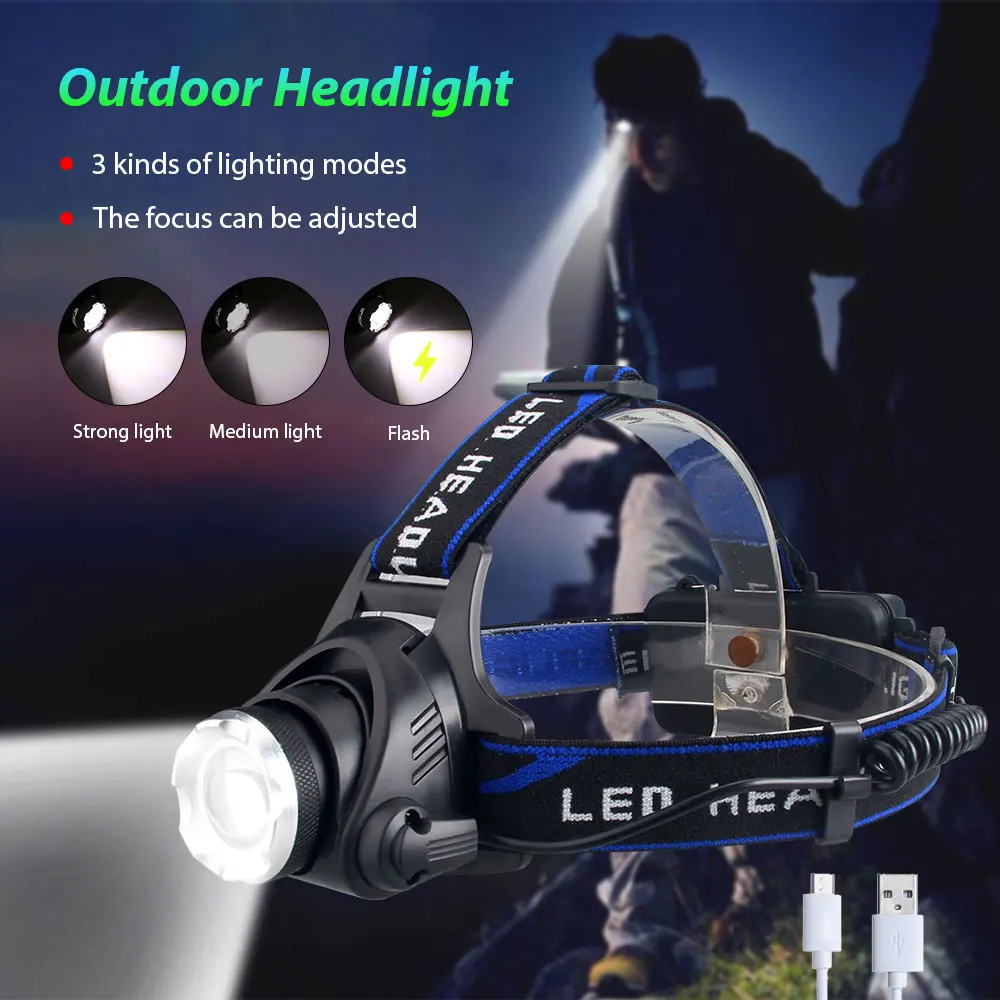 كشافات LED قوية قابلة لإعادة الشحن تلسكوبي زوومابلي المصباح في الهواء الطلق مقاوم للماء مصباح رأس العمل شعلة رأس عالية التجويف